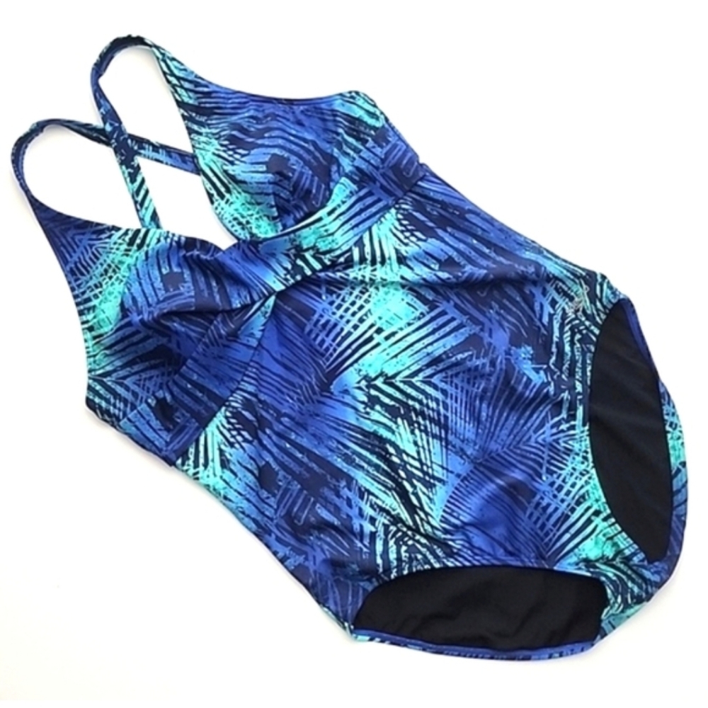 Speedo Blue Green Palm Leaf Print Swimsuit One Piece
